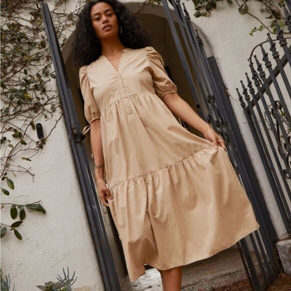 NWT Nation LTD Dustin Romantic Midi Tiered Dress in Toasted Marshmallow Tan S - Picture 1 of 12